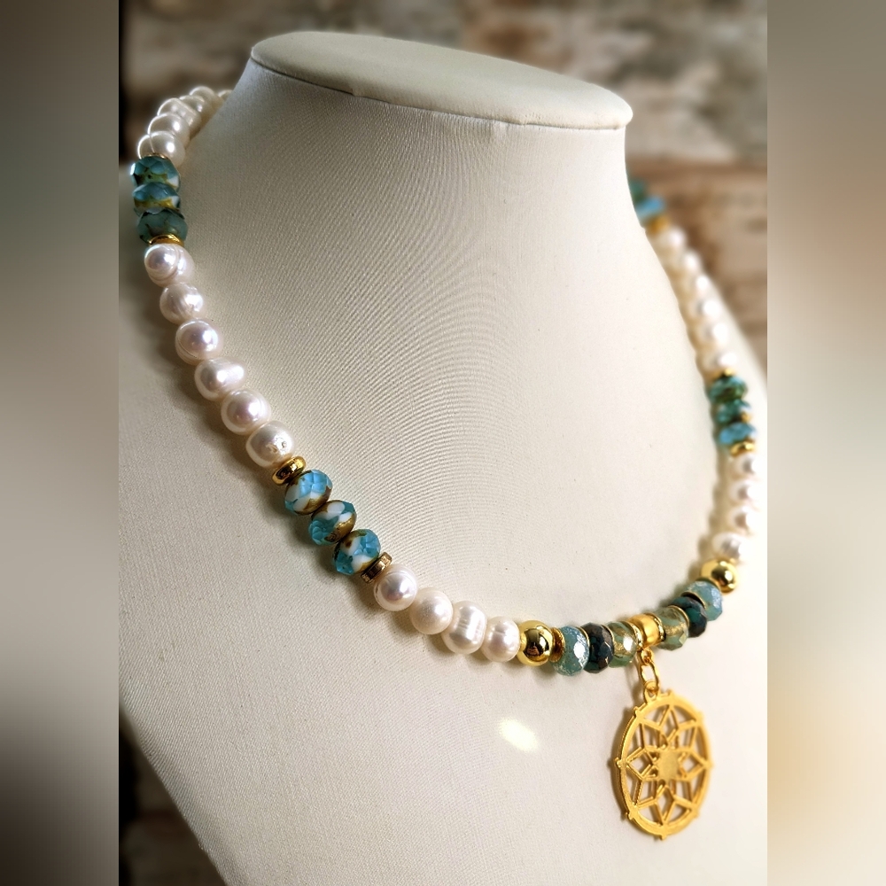 Sparkling Light Blue Glass & Freshwater Pearls W/ Pendant In Beaded Necklace